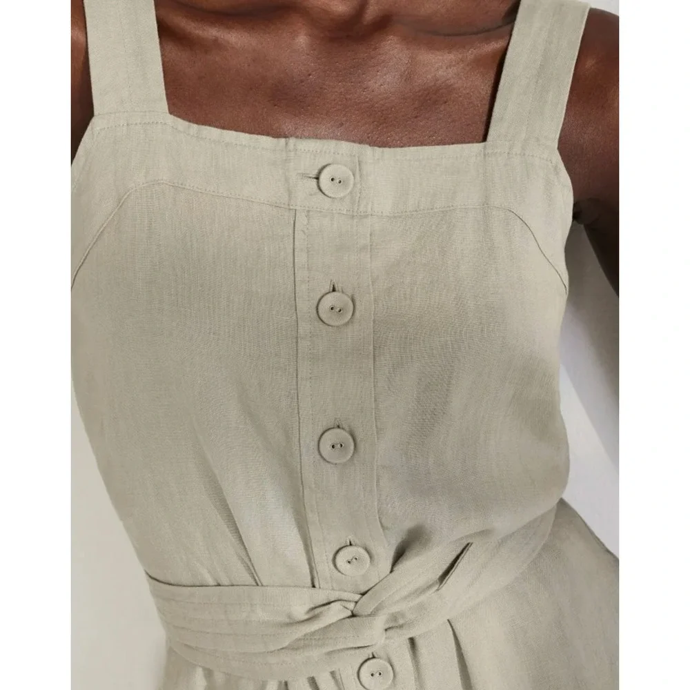 Everlane 100% Linen Picnic Jumpsuit Seagrass Beige Cropped Tie Waist Wide Leg 2